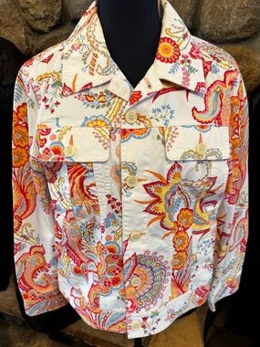 Women’s  Floral Paisley Button-Up Jacket - White with Multicolor Print